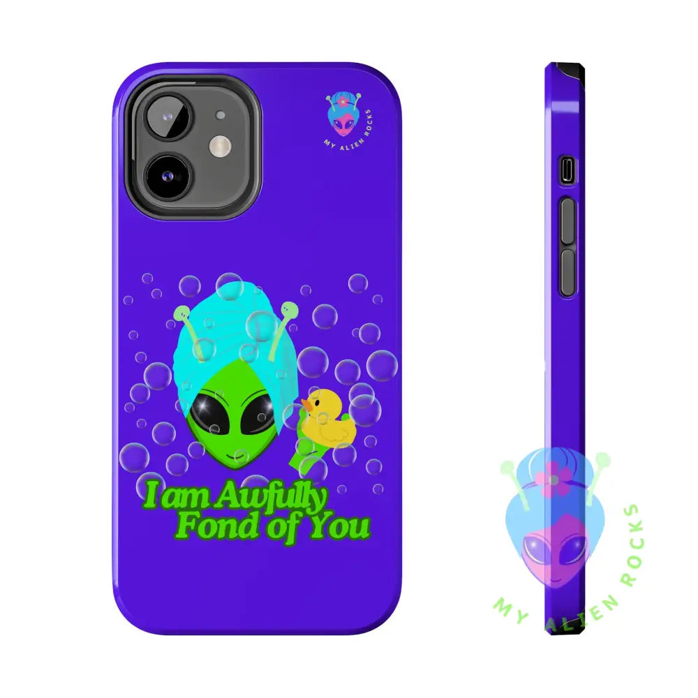 Bubble Bath Alien with Rubber Ducky - I Am Awfully Fond of You - Electric Violet - Tough Phone Case iPhone 12 Phone Case