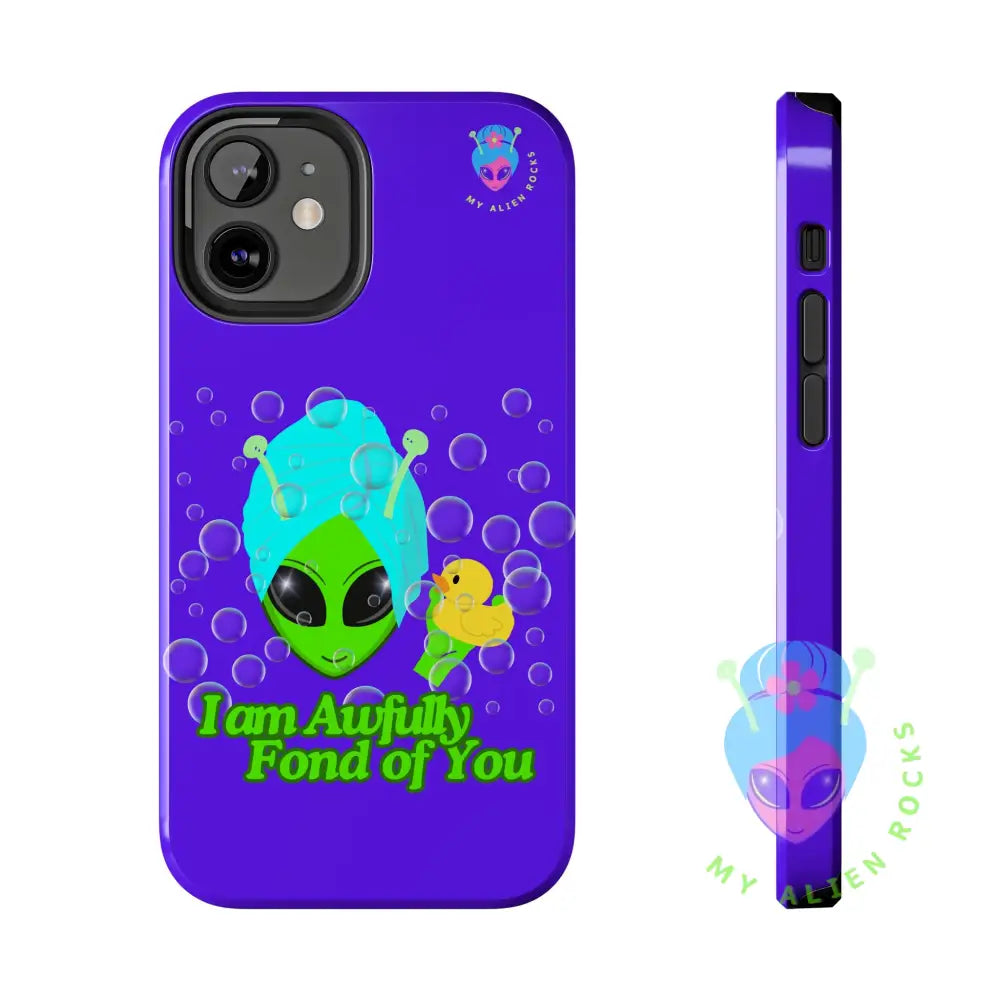 Bubble Bath Alien with Rubber Ducky - I Am Awfully Fond of You - Electric Violet - Tough Phone Case iPhone 12 Mini