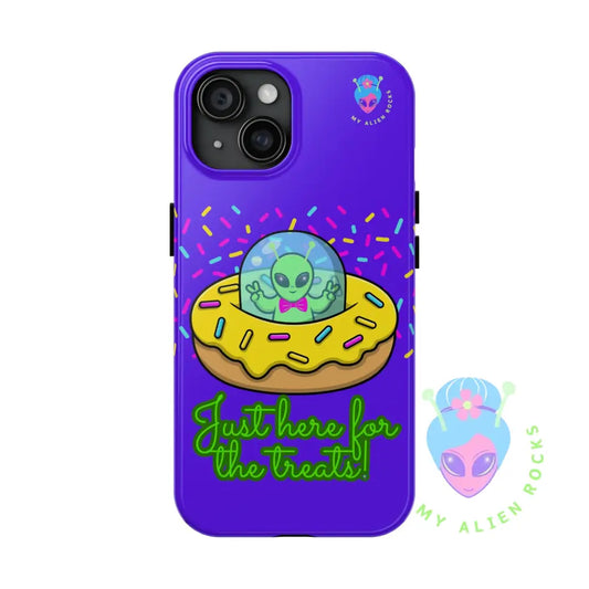 Just Here for the Treats Alien - Donut UFO with Sprinkles - Electric Violet - Tough Phone Case iPhone 15 Phone Case